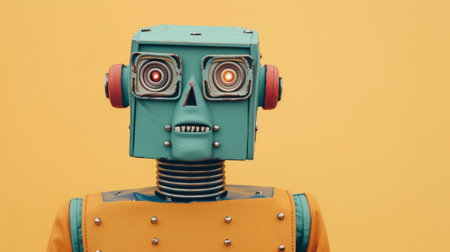 A robot with a yellow background and orange eyes, AIの素材