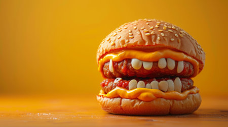 A hamburger with teeth and a fake tongue on top of it, AIの素材