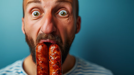 A man with a beard and mustache holding two sausages in his mouth, AIの素材