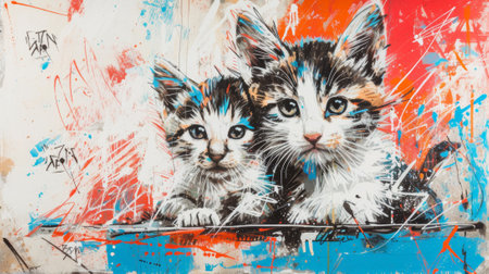 A painting of two kittens sitting on a piece of paper, AI