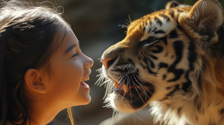 A young girl smiling at a tiger that is close to her, AIの写真素材