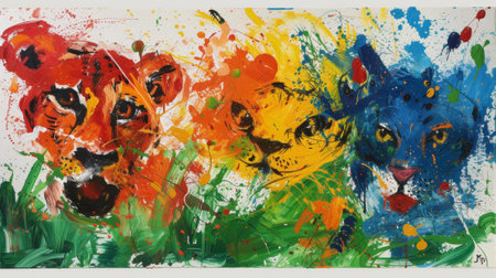 A painting of three colorful cats with paint splatters on them, AIの写真素材