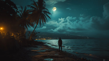 A person standing on the beach at night with a surfboard, AIの写真素材