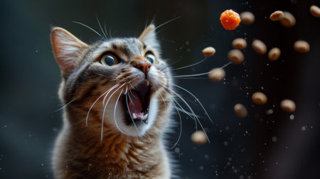 A cat is looking up at a bowl of food with its mouth open, AIの写真素材