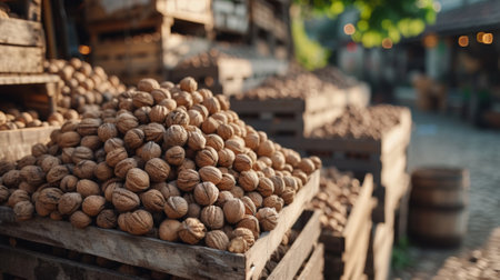 A pile of walnuts in a wooden crate on top of another, AIの写真素材
