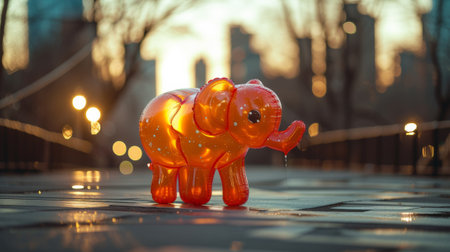 A small orange elephant statue sitting on a sidewalk in the city, AI