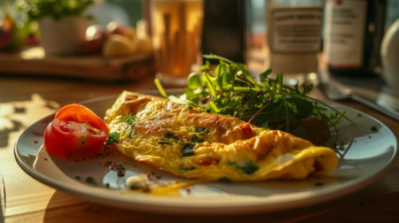 A plate of a omelet with tomatoes and greens on it, AIの写真素材