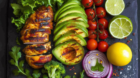 A close up of a plate with meat, vegetables and fruit, AIの写真素材