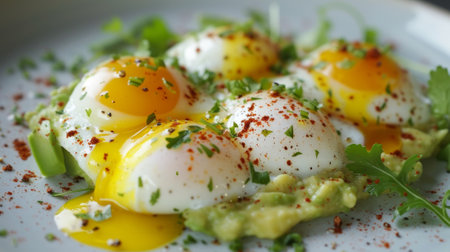 A plate topped with eggs and garnished with parsley, AI