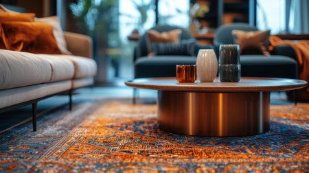 A living room with a coffee table and chairs in the middle, AIの写真素材