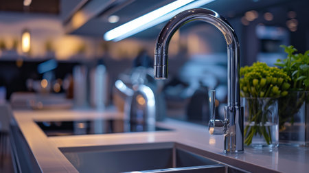 A kitchen sink with a faucet and some plants in the background, AI
