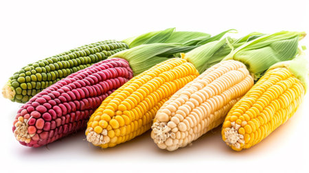 A group of corn is shown in various colors on a white background, AIの写真素材
