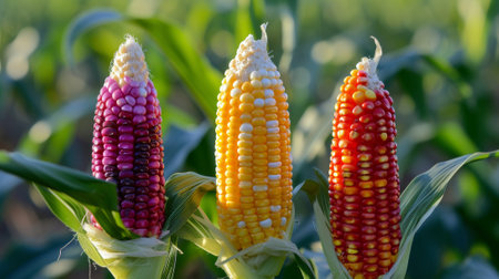 Three corn plants with bright colors in the field, AIの写真素材