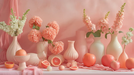 A bunch of vases filled with flowers and fruit on a table, AIの写真素材