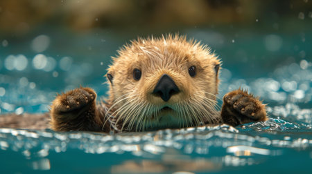 A close up of a cute little otter swimming in the water, AIの写真素材
