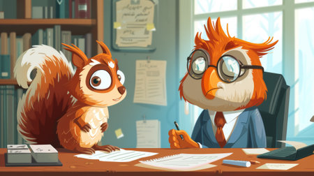 A cartoon squirrel and owl sitting at a desk with papers, AIの写真素材