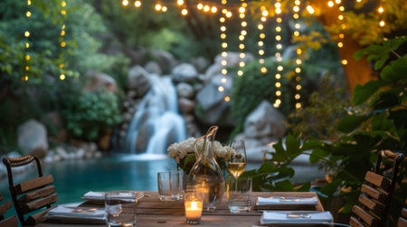 A table with candles and flowers next to a waterfall, AIの写真素材