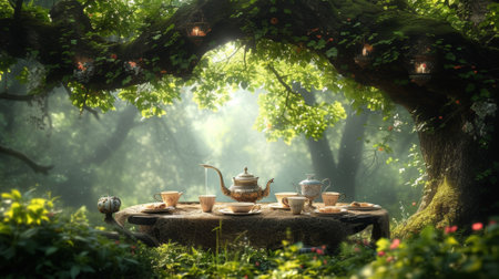 A table with tea cups and saucers on it in a forest, AIの写真素材