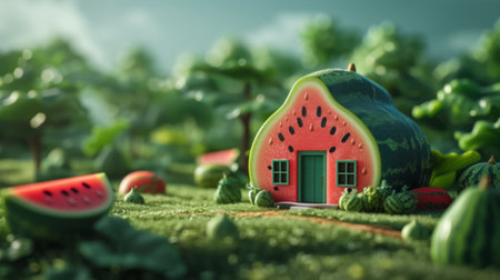 A miniature house made of watermelon slices and leaves, AIの写真素材