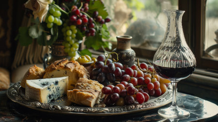 A plate of cheese, grapes and other assorted fruits on a table, AI