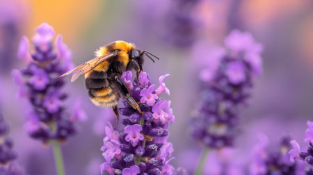 A bee is on a purple flower with other flowers in the background, AIの写真素材
