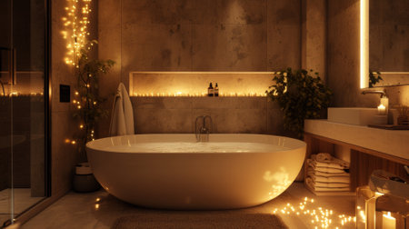 A bathroom with a large bathtub and lights in the room, AI