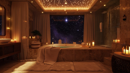A bathroom with a large tub and candles lit in the window, AIの写真素材