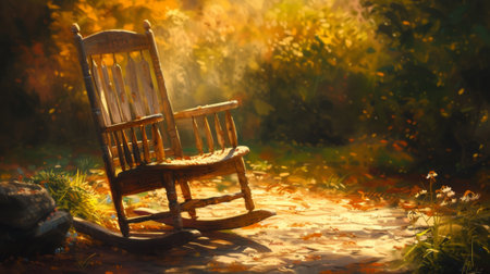 A rocking chair sitting on a path in the woods, AIの写真素材