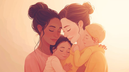 A drawing of a woman holding her child and another one hugging them, AIの素材