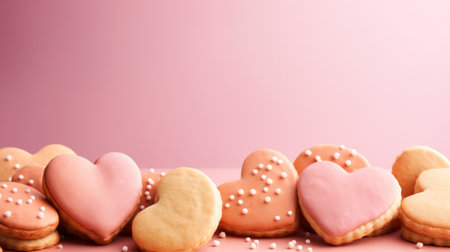 A bunch of cookies with hearts and sprinkles on a pink background, AIの素材