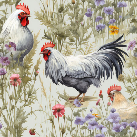 A pattern of a painting with chickens and flowers on it, AIの素材