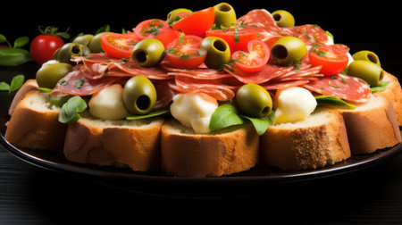 A plate of a bread topped with meat and vegetables, AIの素材