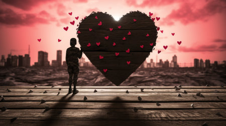 A person holding a large heart shaped wooden piece with red hearts on it, AIの素材