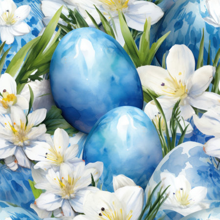 A blue and white easter eggs are surrounded by flowers, AIの素材