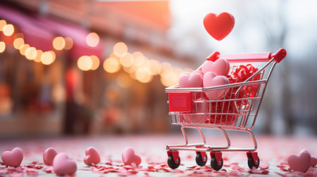A shopping cart filled with hearts and a heart shaped balloon, AIの素材