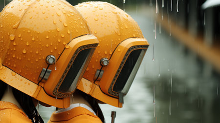Two people wearing yellow helmets standing in the rain, AIの素材