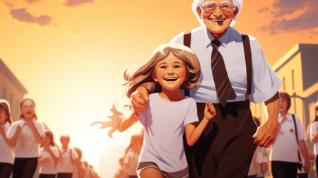 A cartoon of a man and girl walking down the street, AIの素材