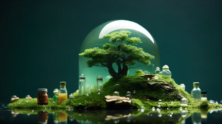 A glass dome with a tree inside of it and bottles on top, AIの素材