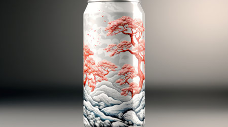A can with a painting on it sitting in the middle of some gray background, AIの素材