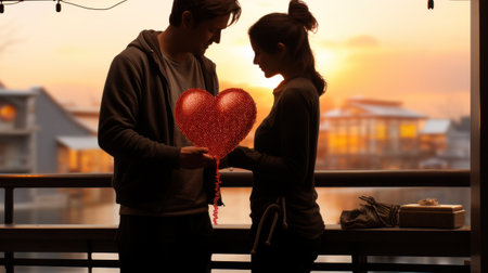 A man and woman holding a heart shaped balloon over water, AIの素材