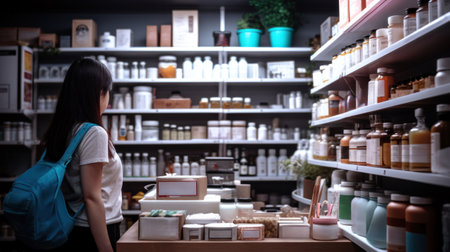 A woman with a backpack standing in front of shelves filled with products, AIの素材