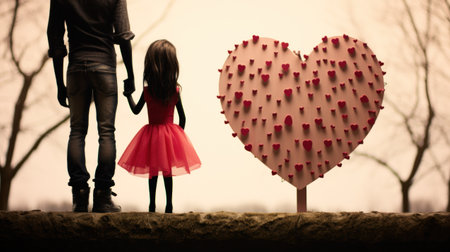 A man and a little girl standing next to each other in front of a heart shaped decoration, AIの素材