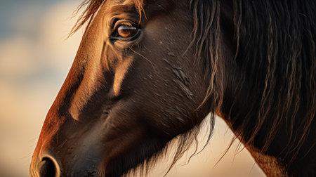 A close up of a horses face with the sun behind it, AIの素材