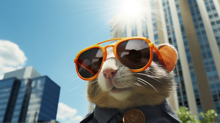 A close up of a hamster wearing sunglasses and an orange jacket, AIの素材