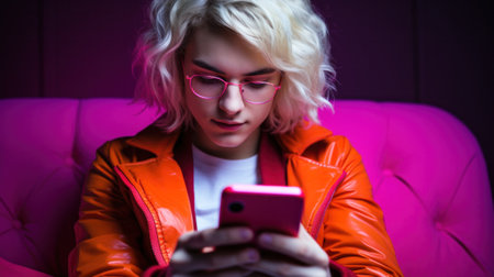 A woman in glasses looking at her cell phone on a pink couch, AIの素材