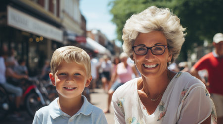 A woman and a boy sitting on the sidewalk in front of people, AIの素材