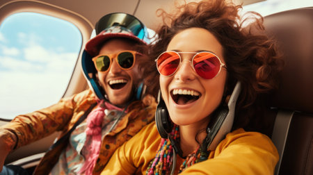A man and woman in a car with sunglasses on smiling, AIの素材