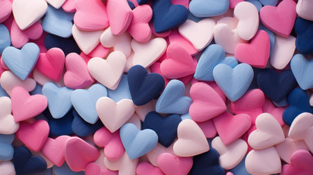 A bunch of small blue and pink hearts are scattered on a table, AIの素材