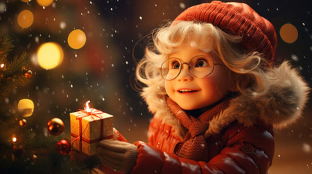 A little girl with red hair holding a gift box, AIの素材