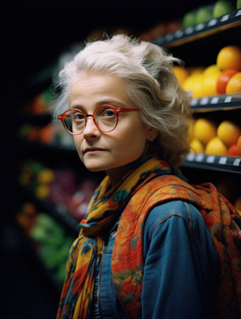 A woman with glasses standing in front of a fruit stand, AIの素材